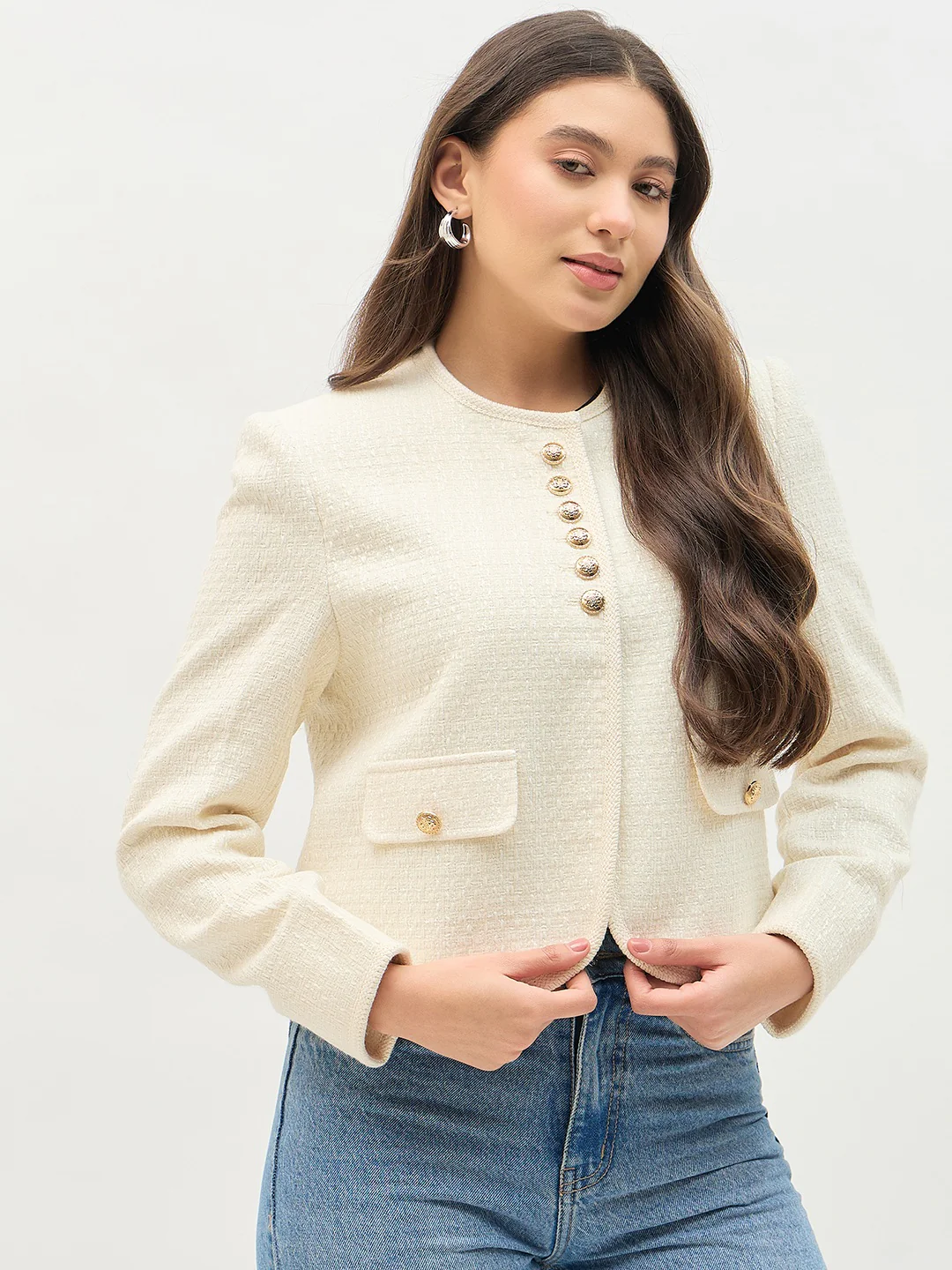 Madame Round Neck Embellished Off White Blazer - Image 5