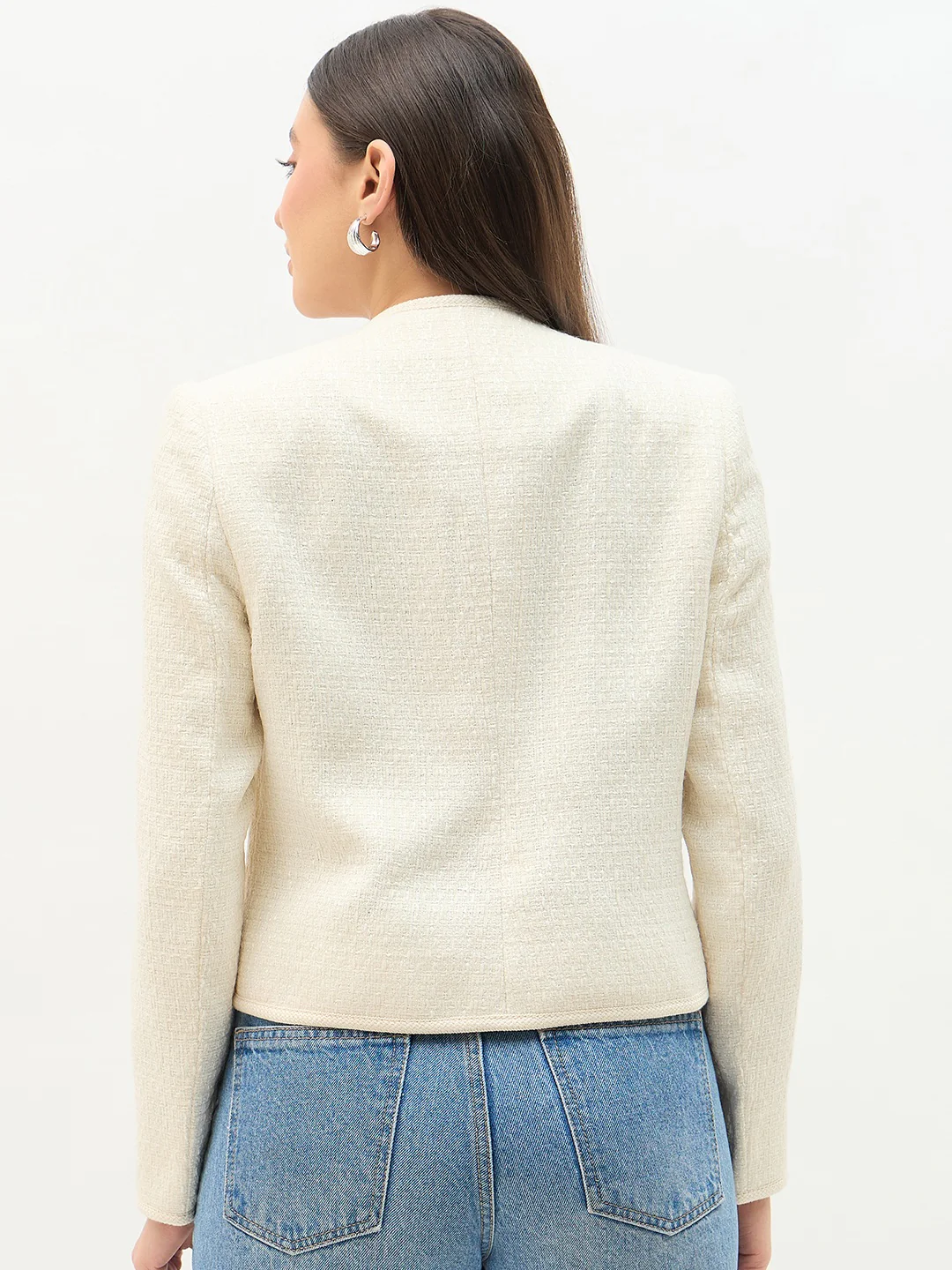 Madame Round Neck Embellished Off White Blazer - Image 6