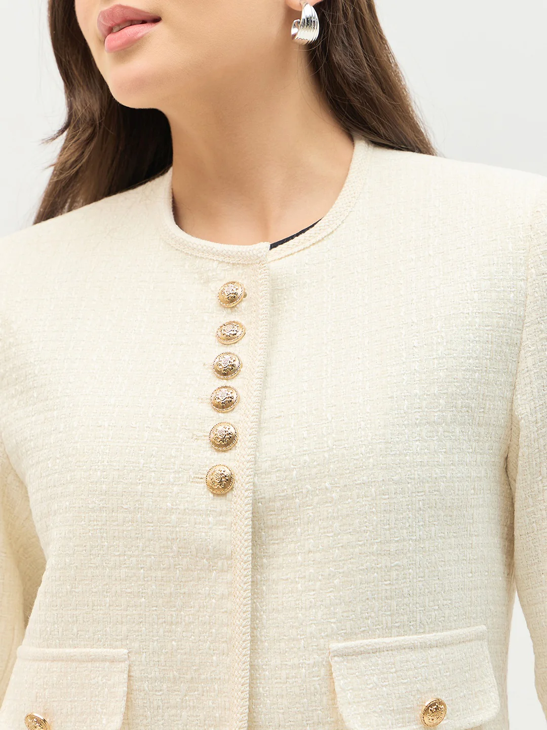 Madame Round Neck Embellished Off White Blazer - Image 7