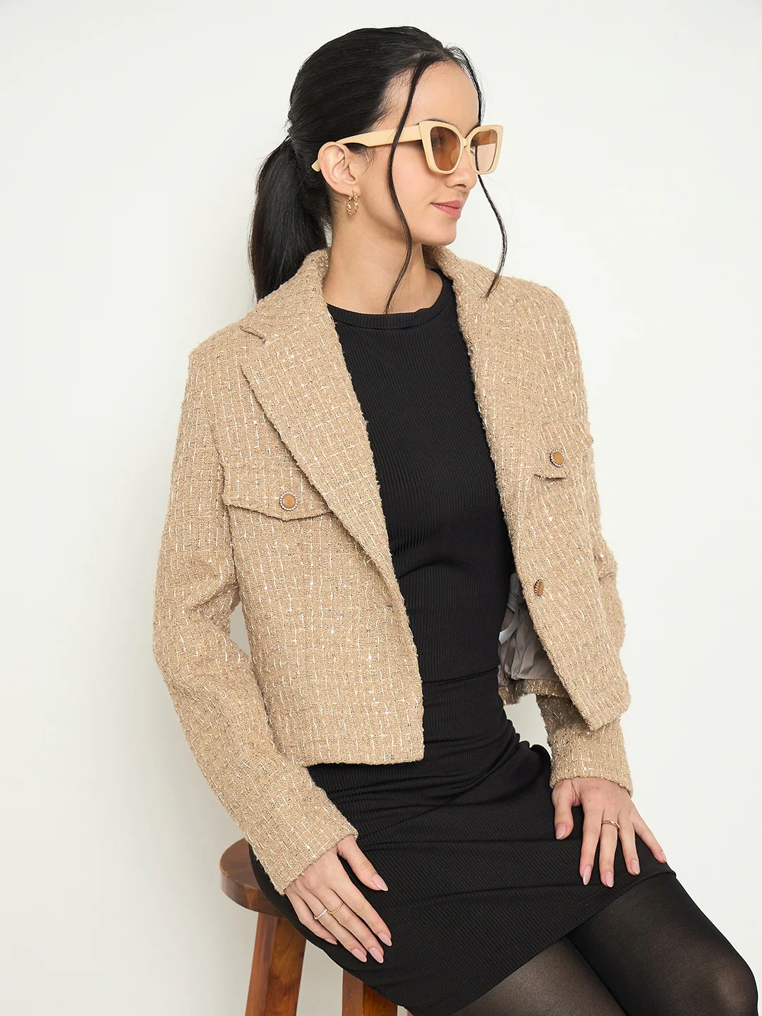 Madame Front Flap Pockets Textured Beige Blazer - Image 2