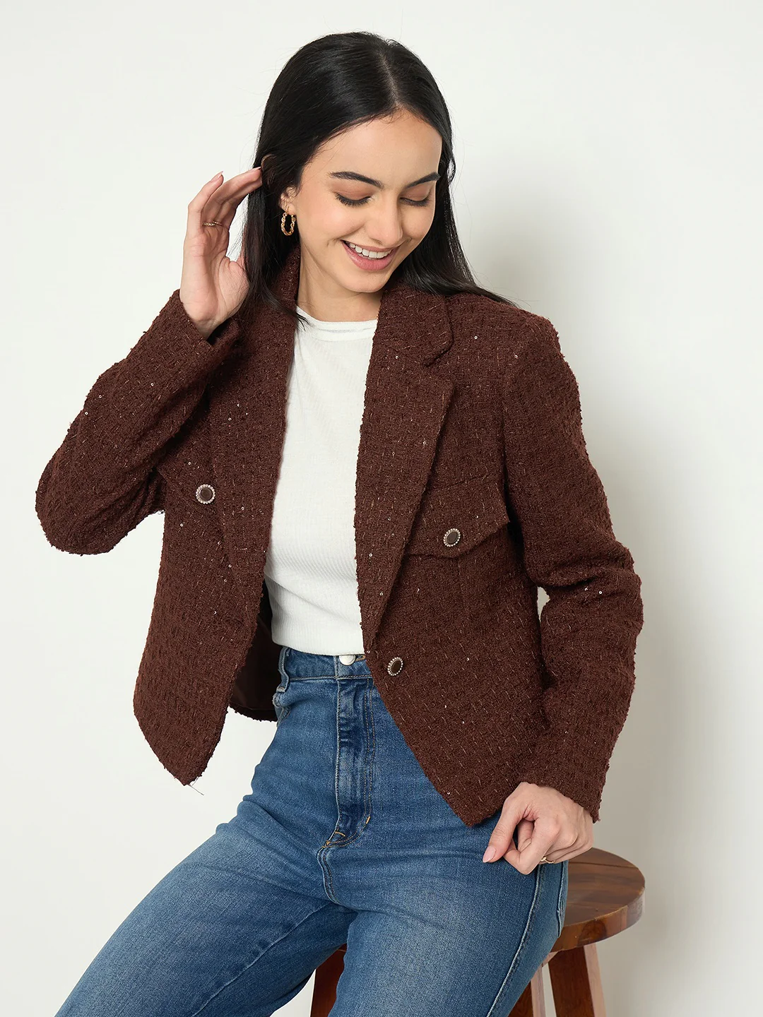 Madame Front Flap Pockets Textured Brown Blazer - Image 2