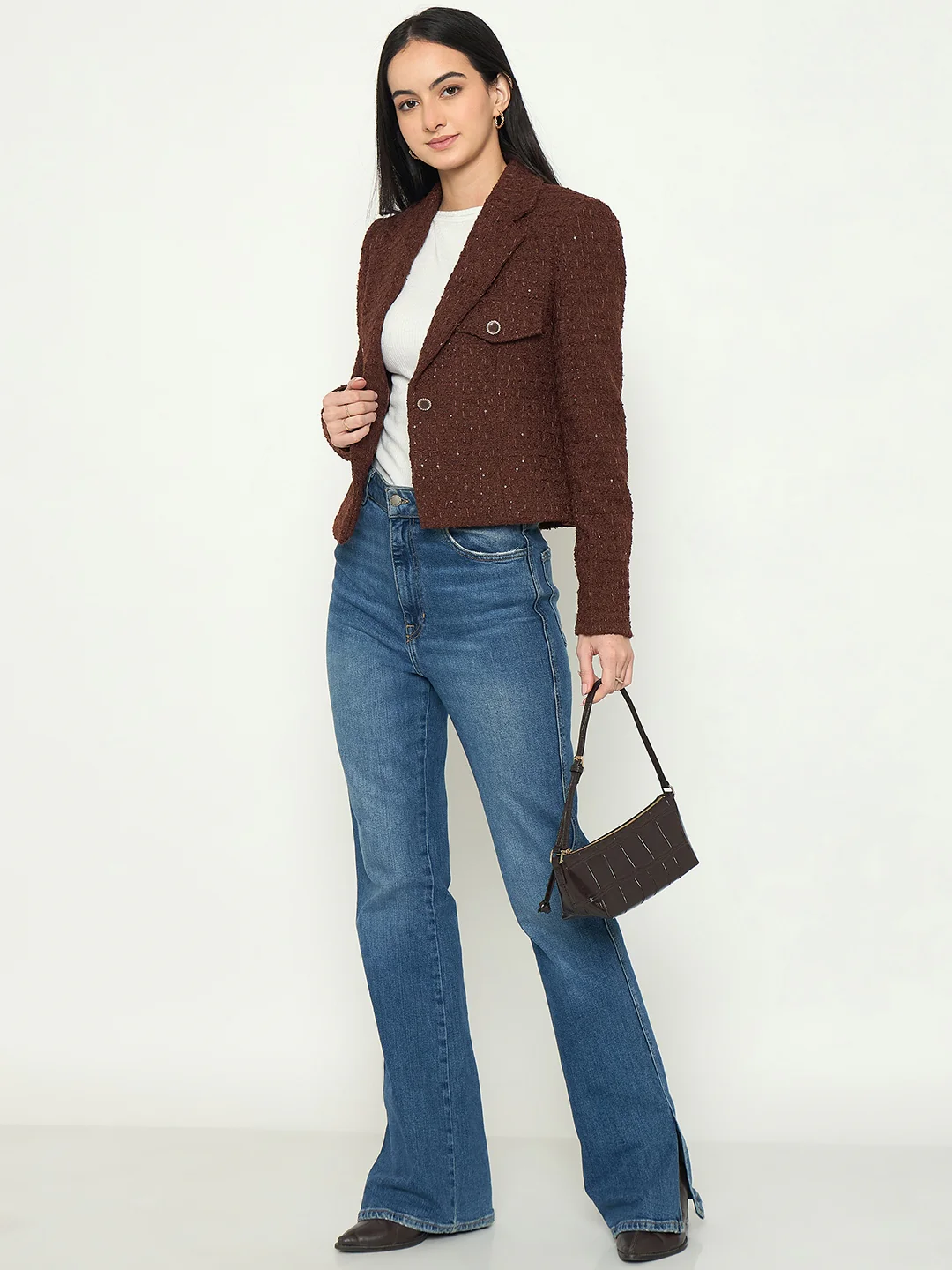 Madame Front Flap Pockets Textured Brown Blazer - Image 3