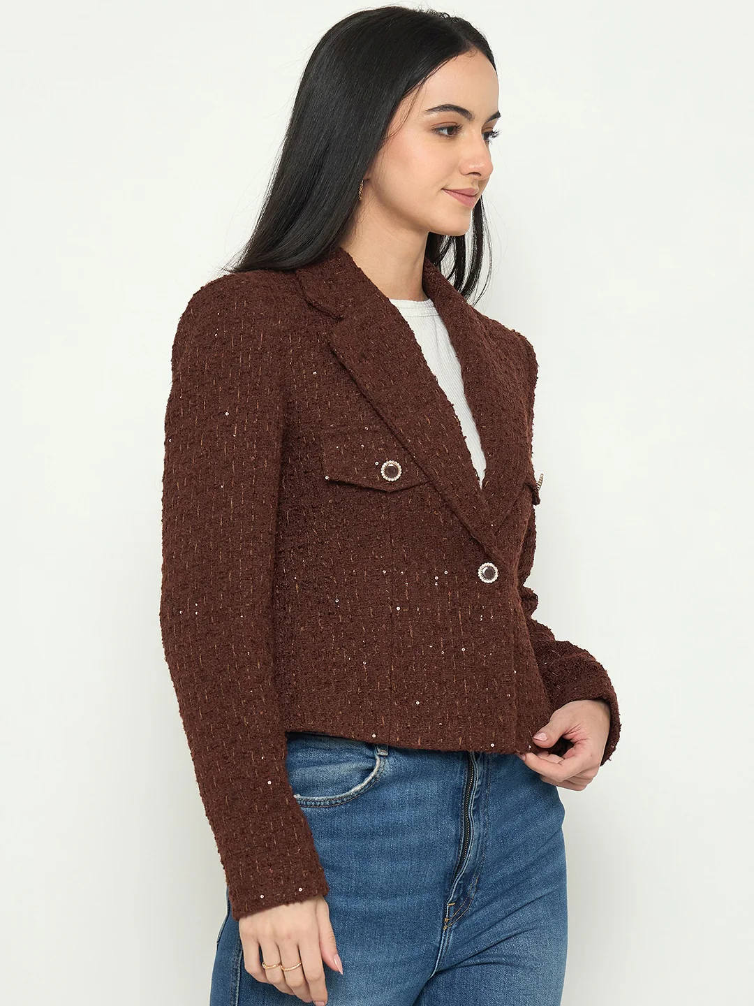 Madame Front Flap Pockets Textured Brown Blazer - Image 4