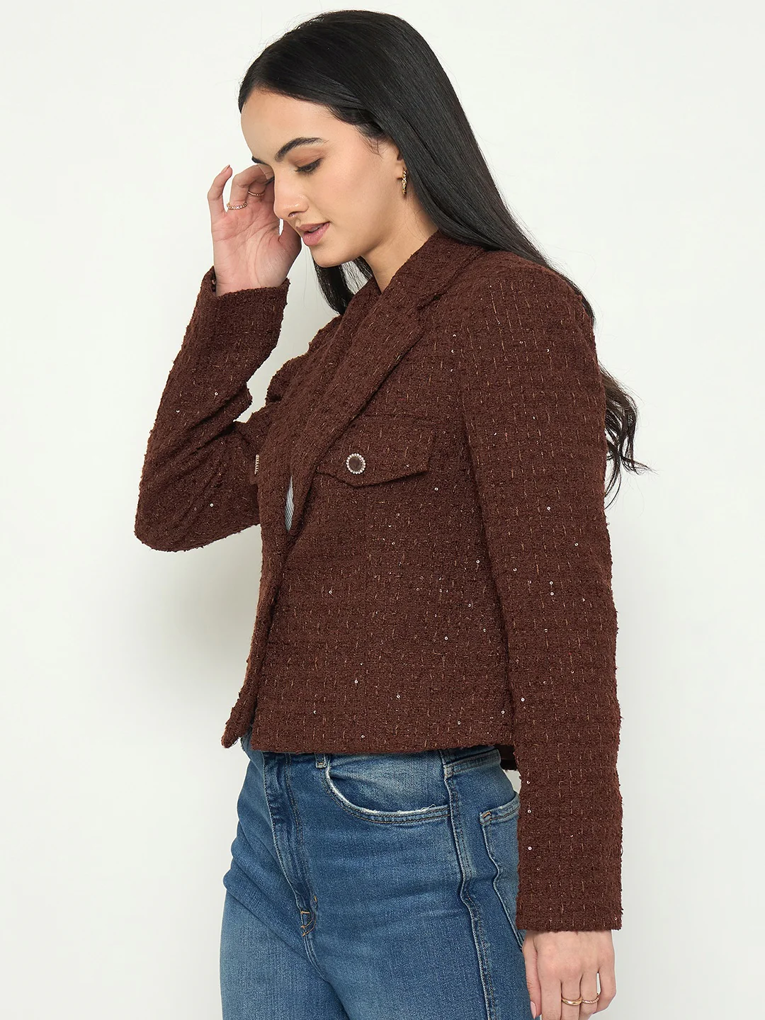 Madame Front Flap Pockets Textured Brown Blazer - Image 5