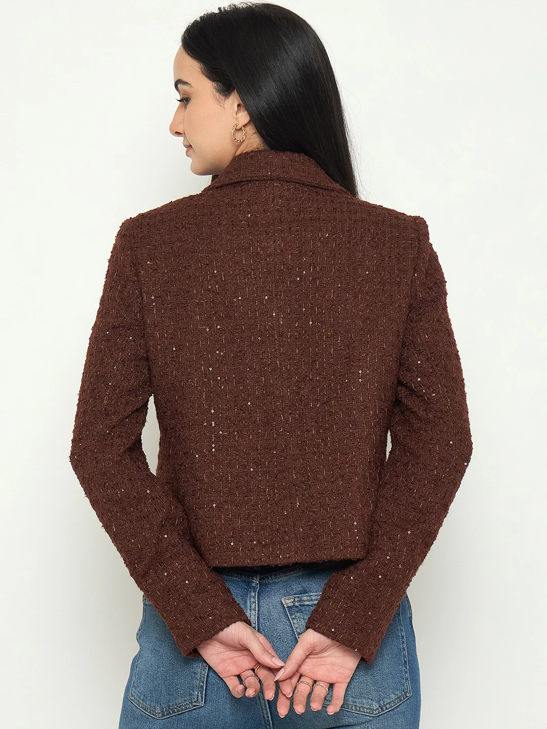 Madame Front Flap Pockets Textured Brown Blazer - Image 6