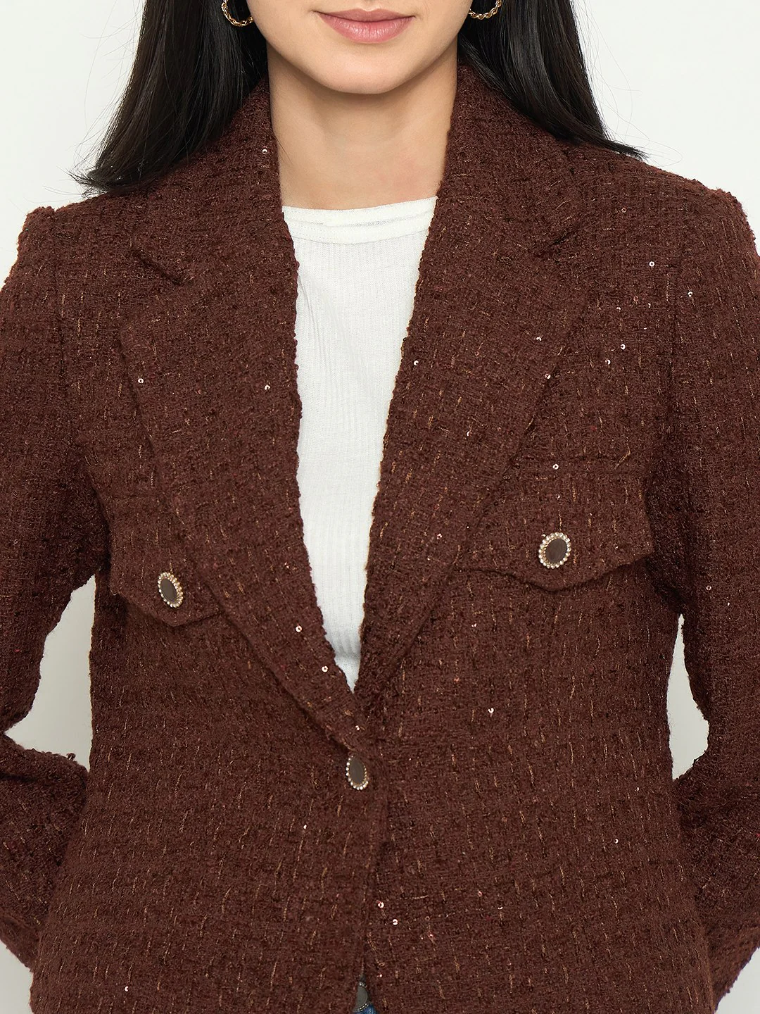 Madame Front Flap Pockets Textured Brown Blazer - Image 7