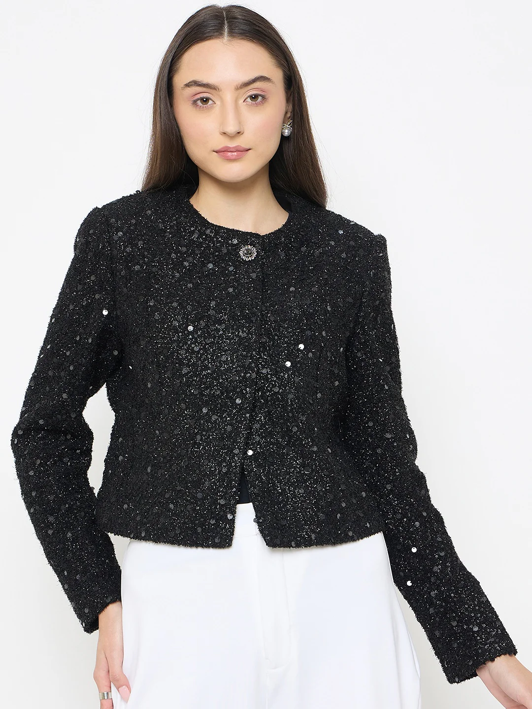 madame Round Neck Tweed Black Blazer
