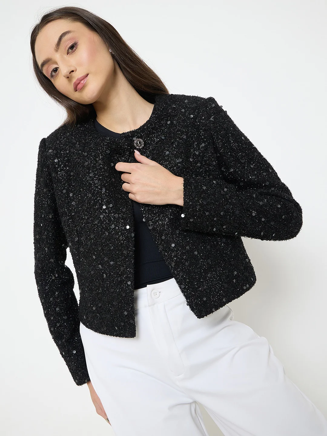 madame Round Neck Tweed Black Blazer - Image 2