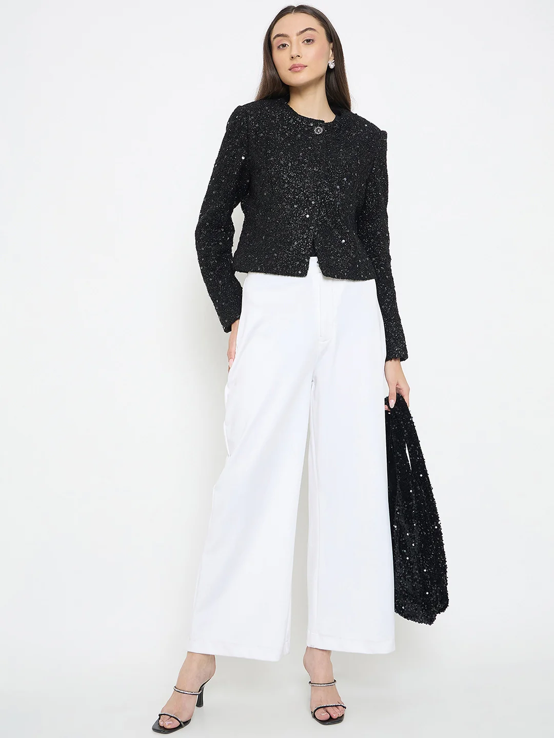 madame Round Neck Tweed Black Blazer - Image 3