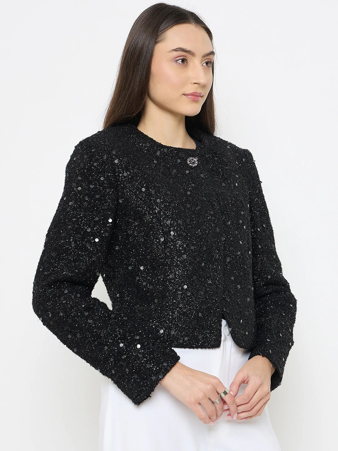 madame Round Neck Tweed Black Blazer - Image 4
