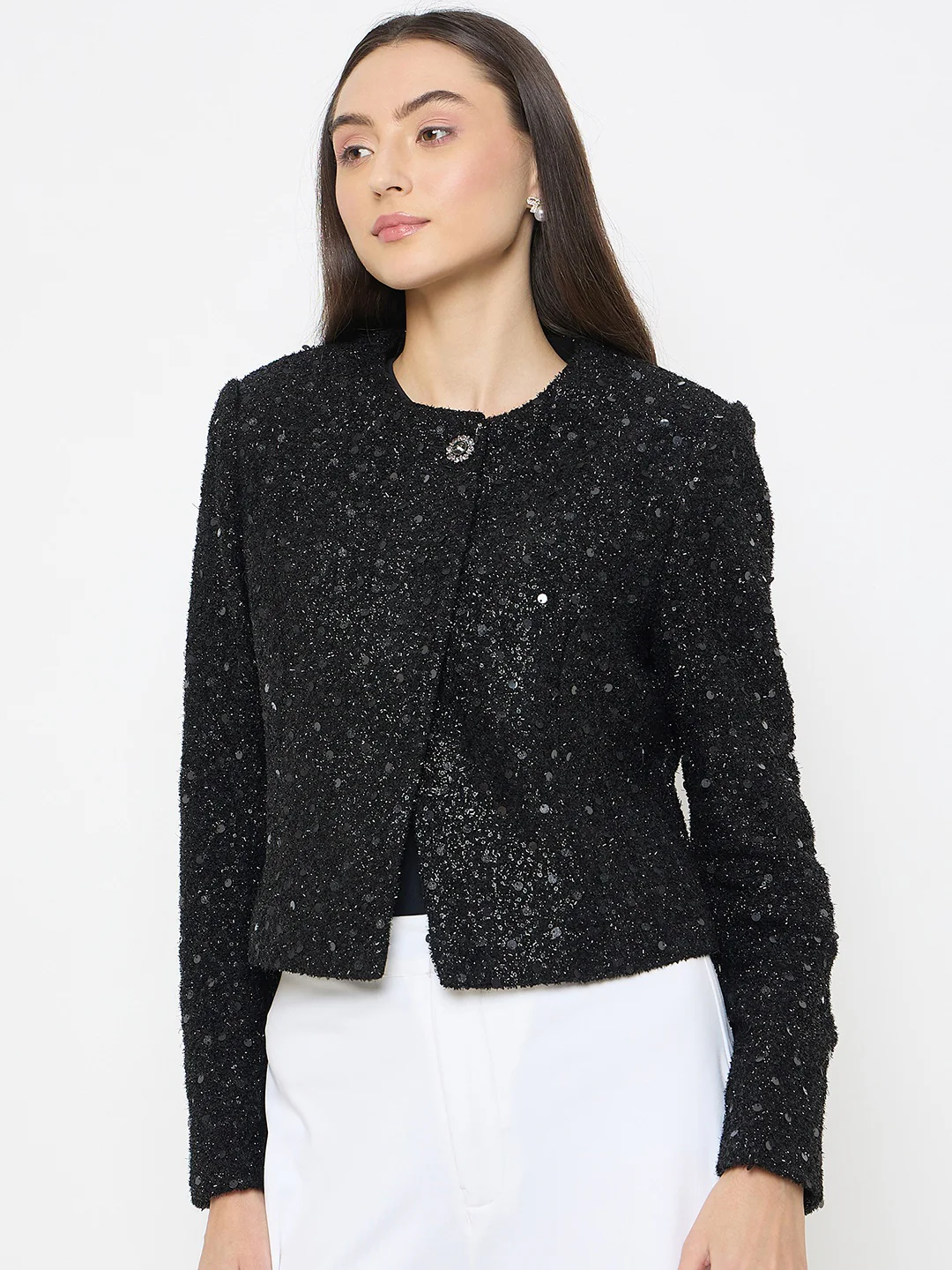 madame Round Neck Tweed Black Blazer - Image 5