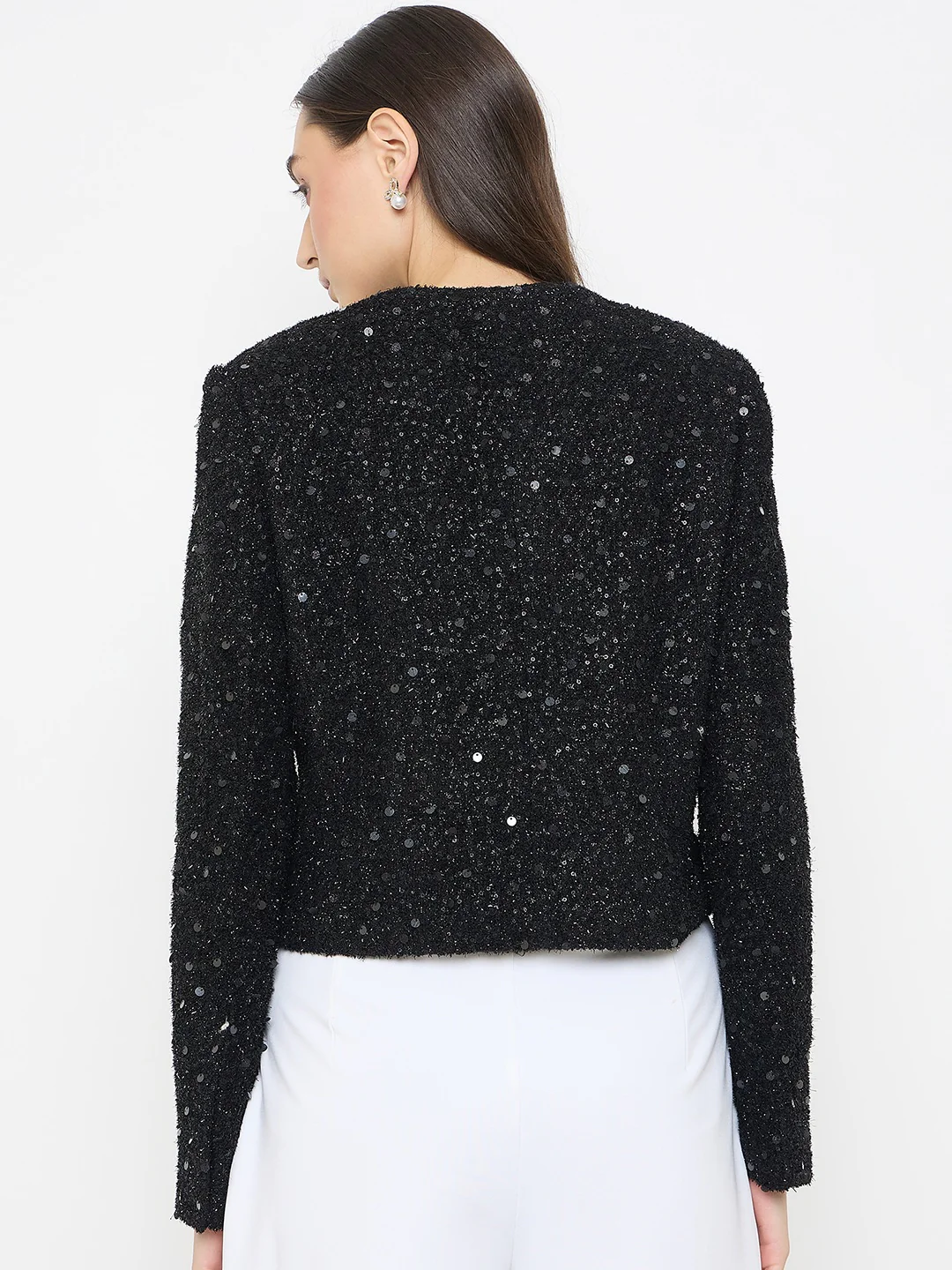 madame Round Neck Tweed Black Blazer - Image 6