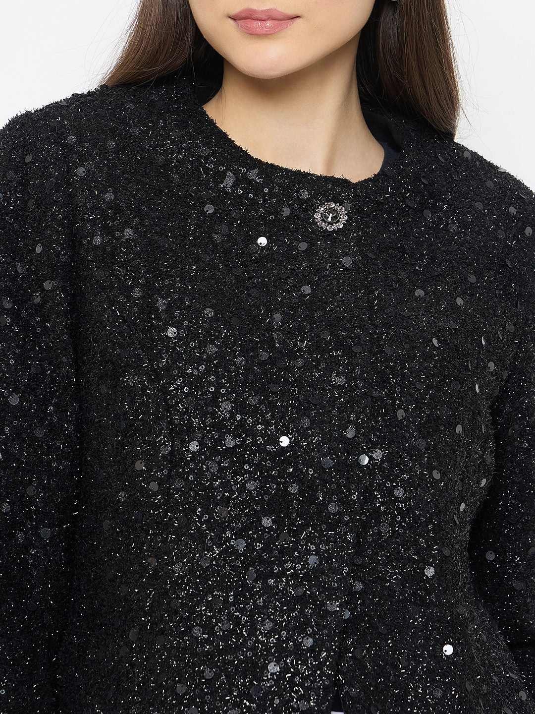 madame Round Neck Tweed Black Blazer - Image 7