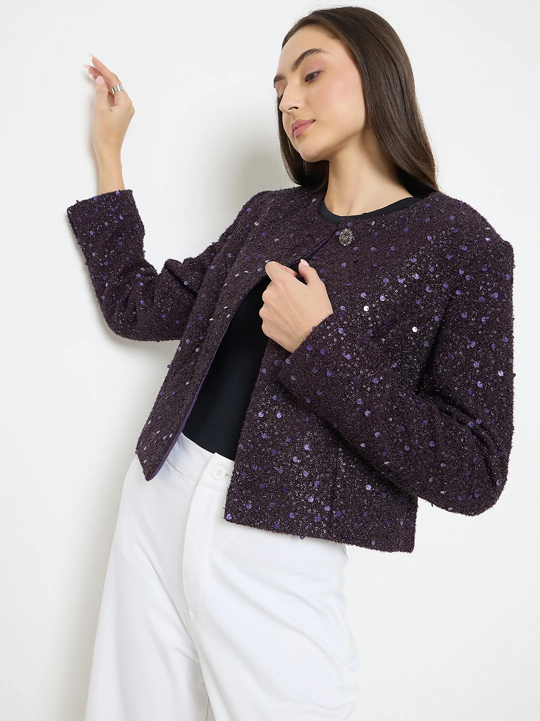 Madame Round Neck Tweed Dark Purple Blazer - Image 2