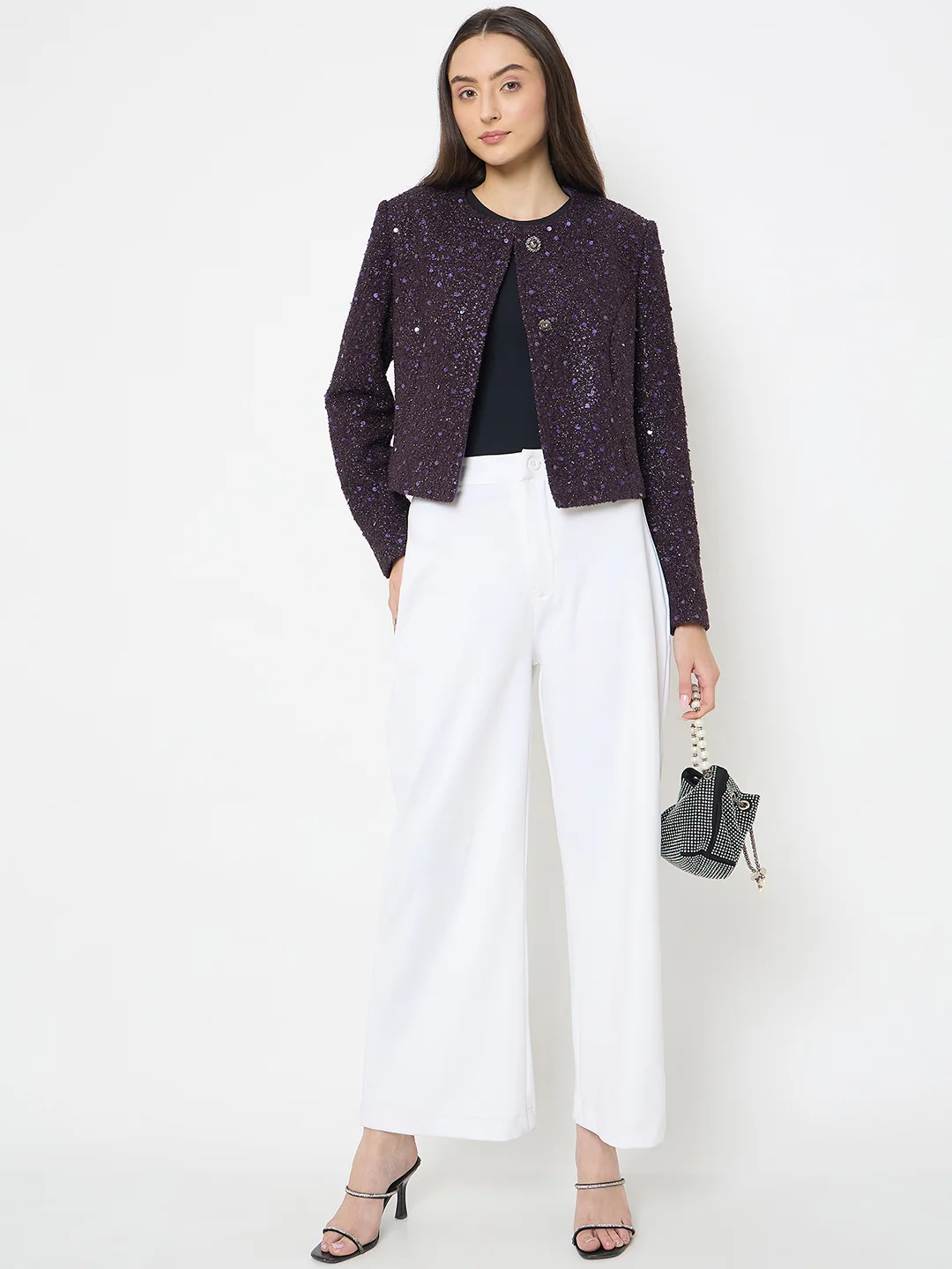 Madame Round Neck Tweed Dark Purple Blazer - Image 3
