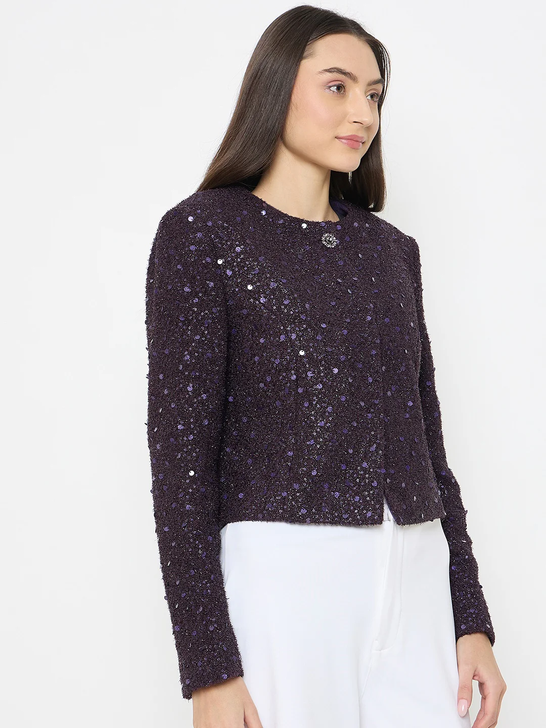 Madame Round Neck Tweed Dark Purple Blazer - Image 4