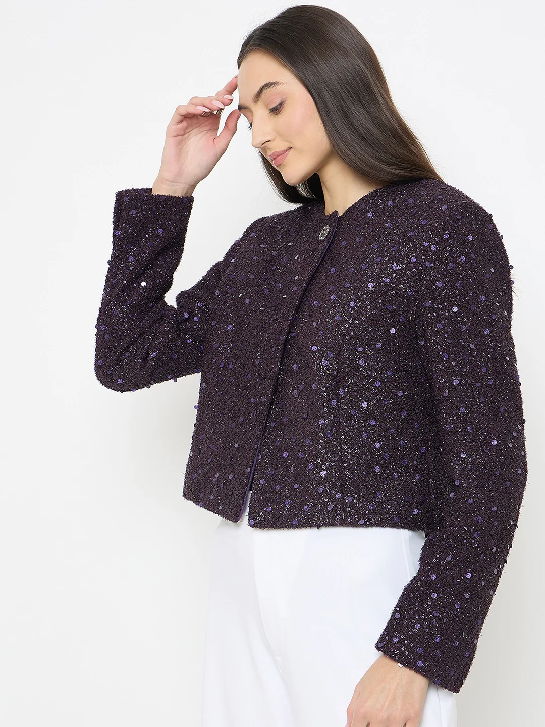 Madame Round Neck Tweed Dark Purple Blazer - Image 5
