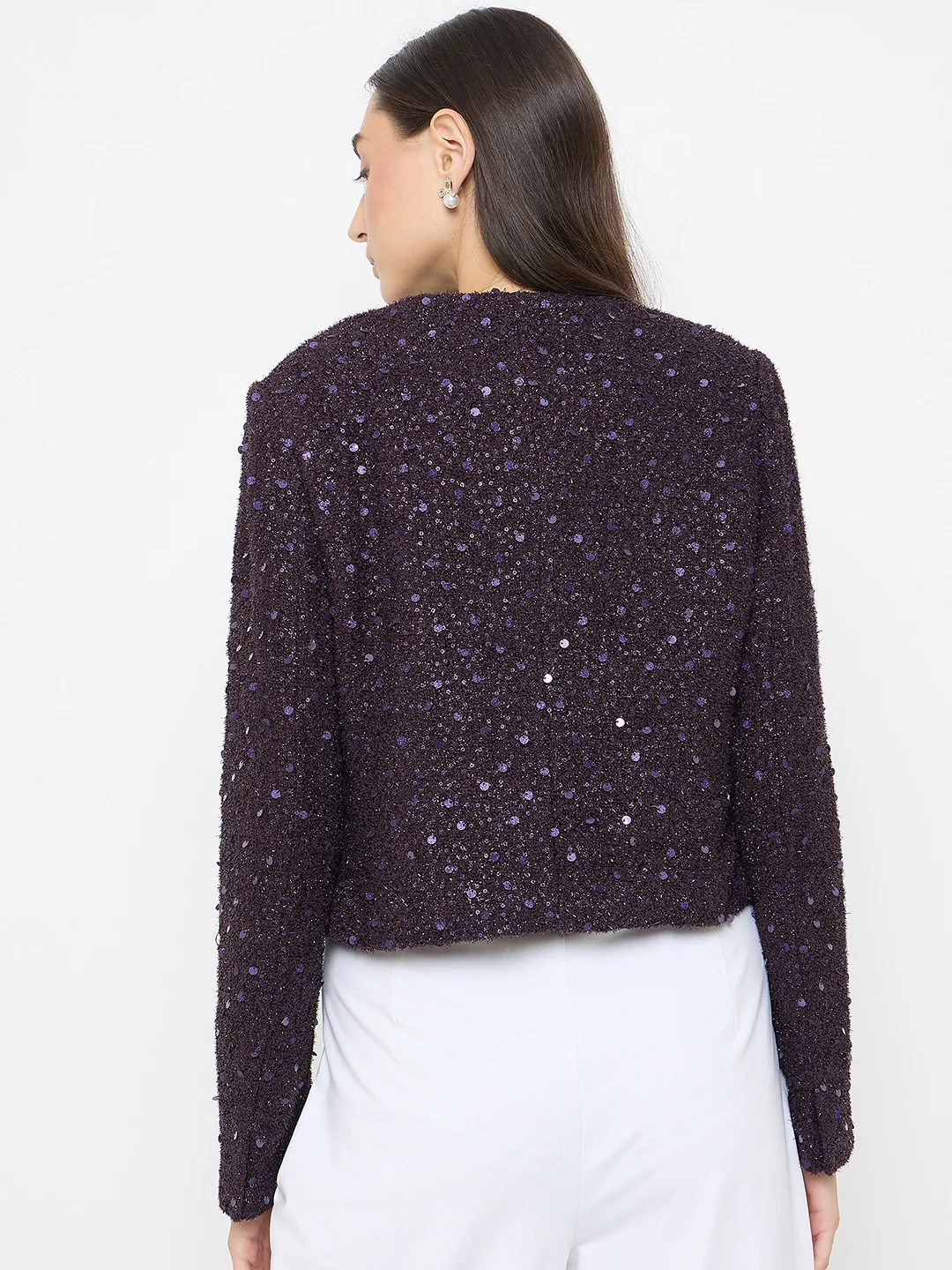 Madame Round Neck Tweed Dark Purple Blazer - Image 6