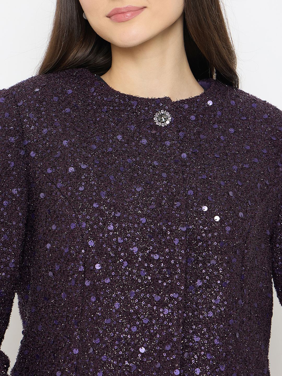 Madame Round Neck Tweed Dark Purple Blazer - Image 7