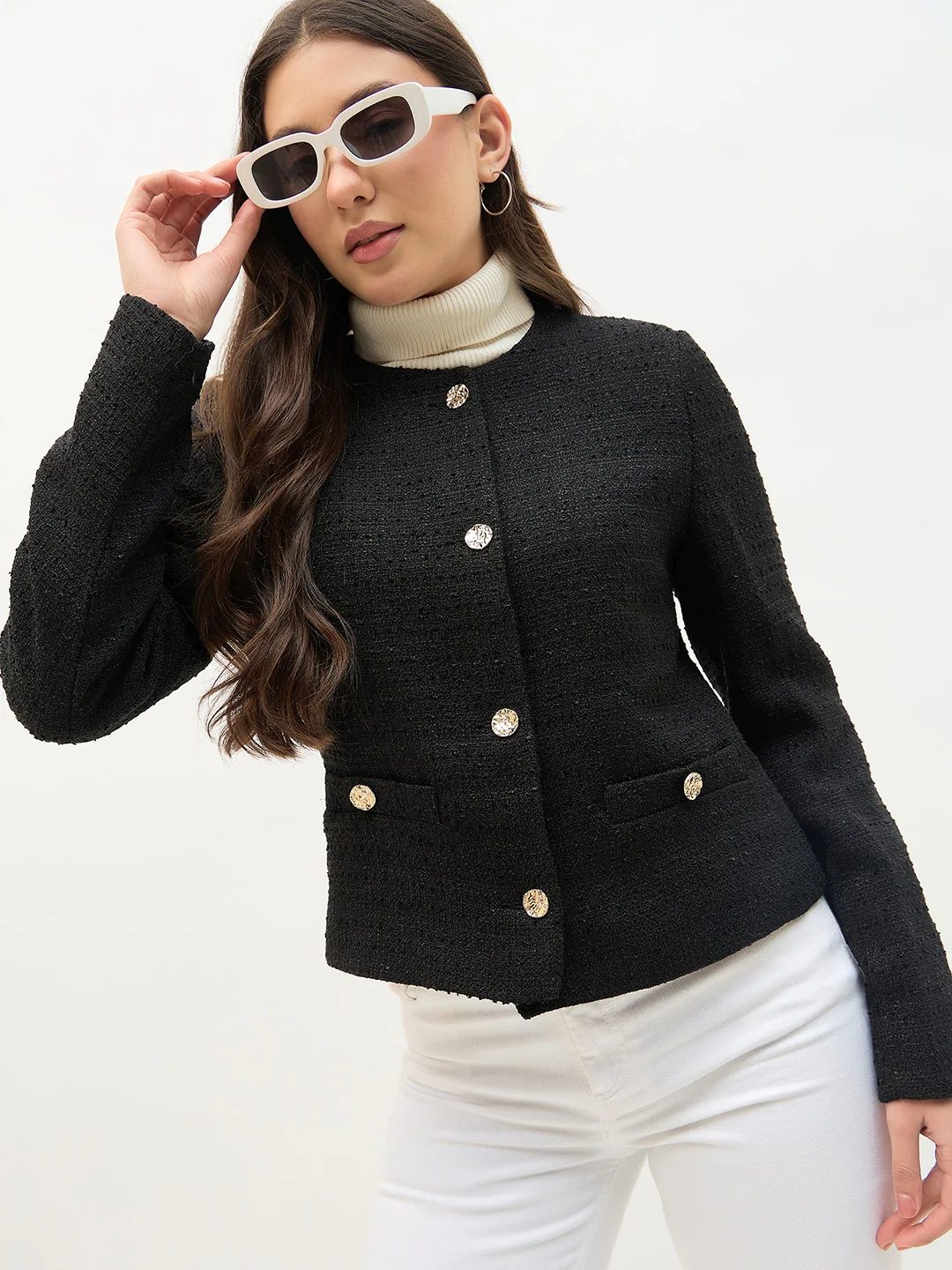 Madame Round Neck Black Textured Short Coat - Image 2