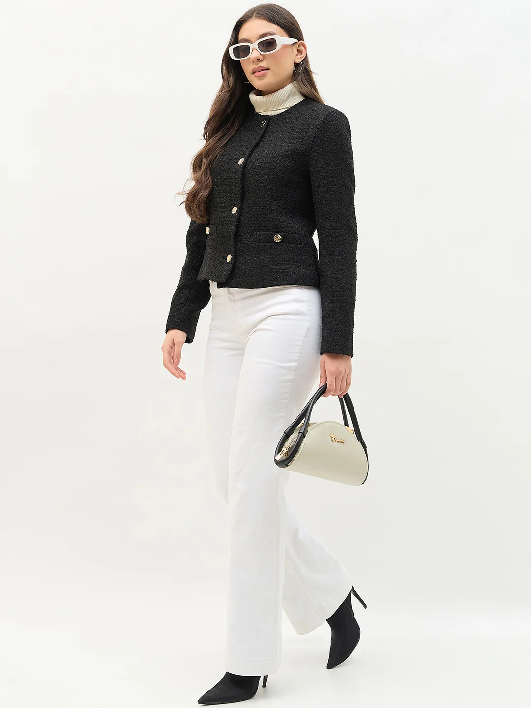 Madame Round Neck Black Textured Short Coat - Image 3
