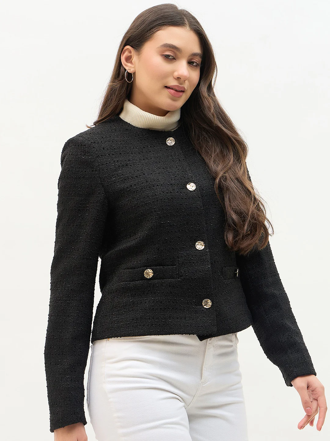 Madame Round Neck Black Textured Short Coat - Image 4