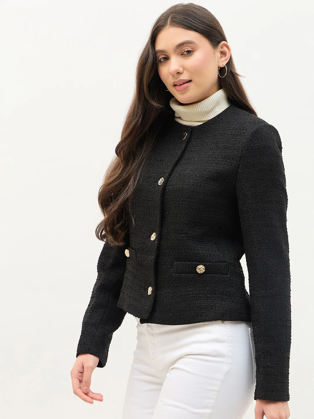 Madame Round Neck Black Textured Short Coat - Image 5