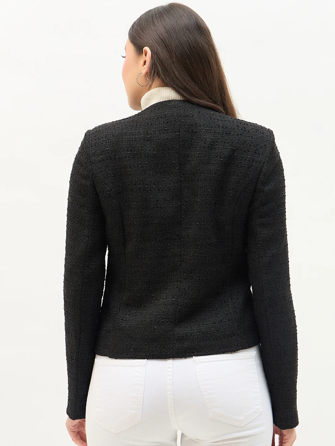 Madame Round Neck Black Textured Short Coat - Image 6