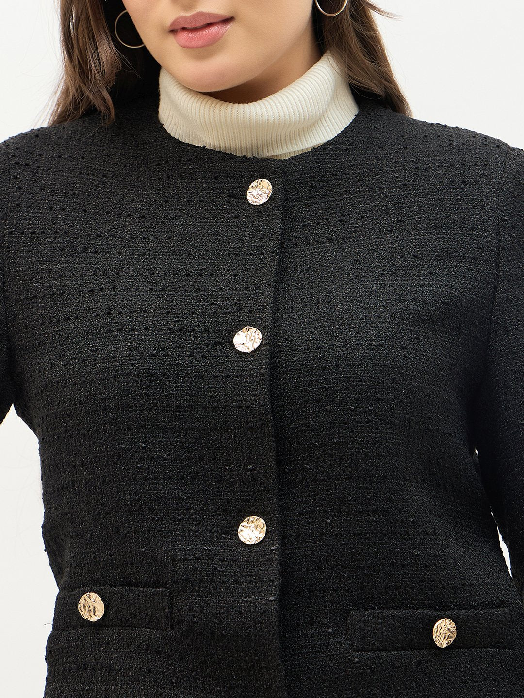 Madame Round Neck Black Textured Short Coat - Image 7