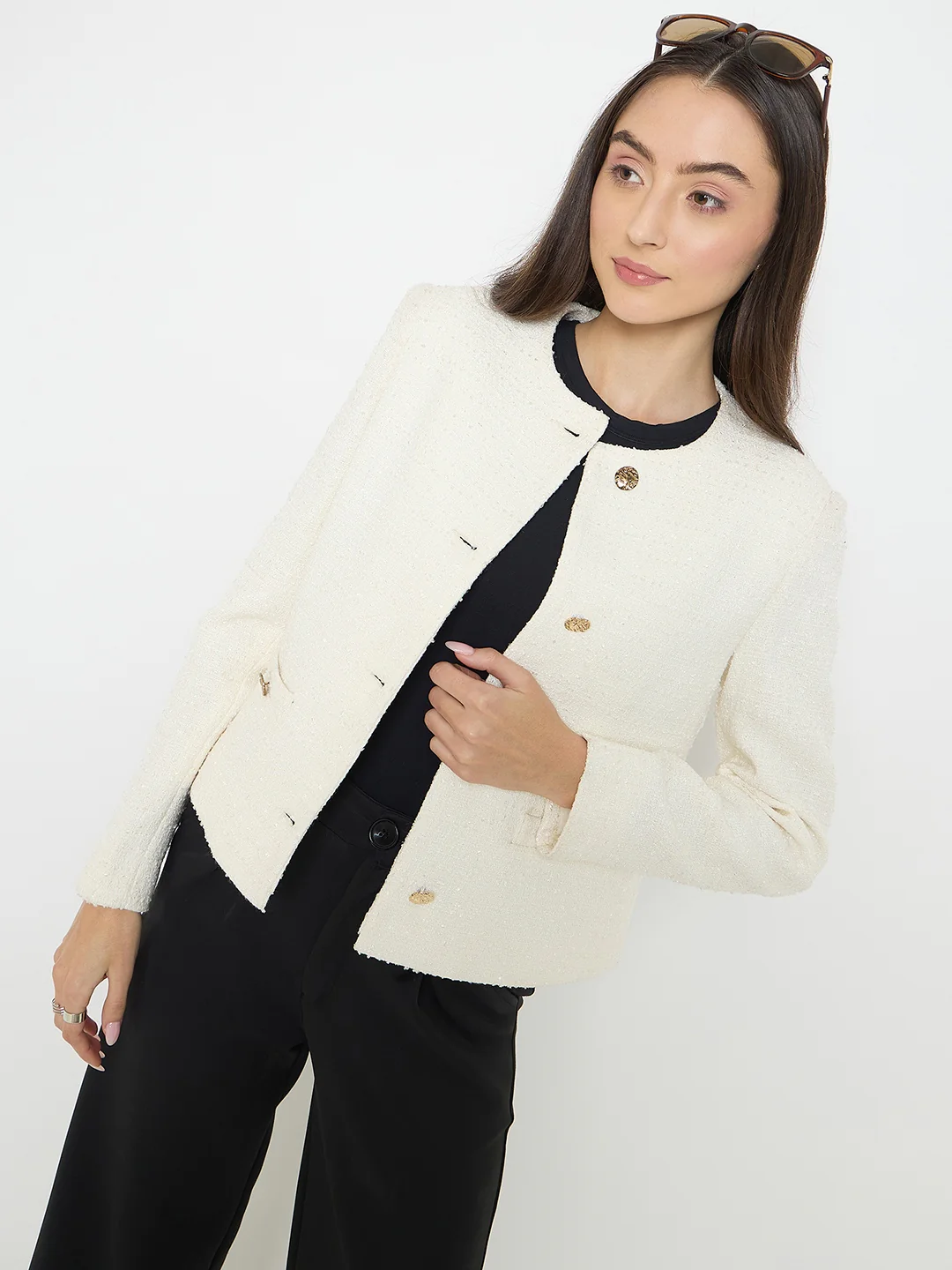 Madame Round Neck Off White Tweed Coat - Image 2