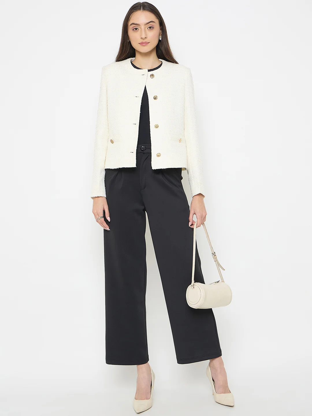 Madame Round Neck Off White Tweed Coat - Image 3