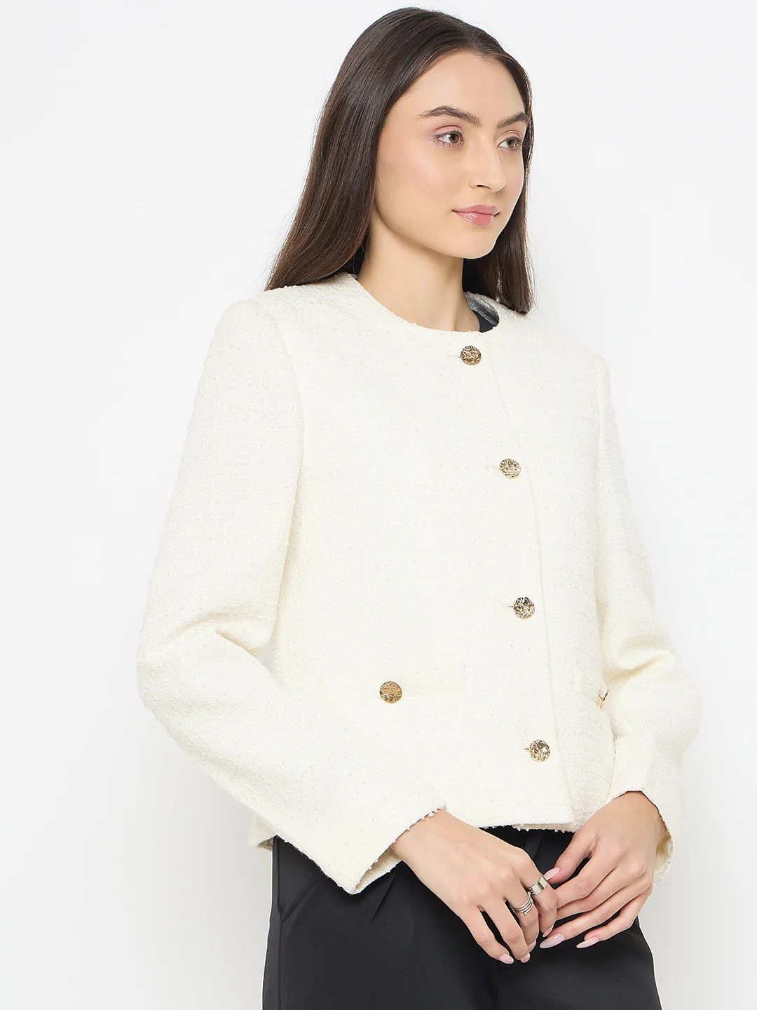 Madame Round Neck Off White Tweed Coat - Image 4