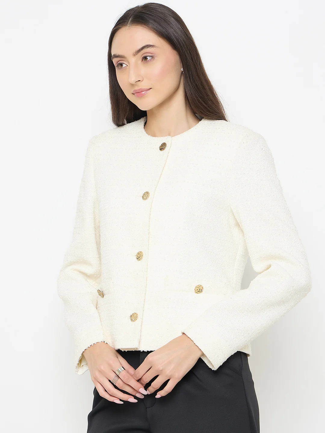 Madame Round Neck Off White Tweed Coat - Image 5