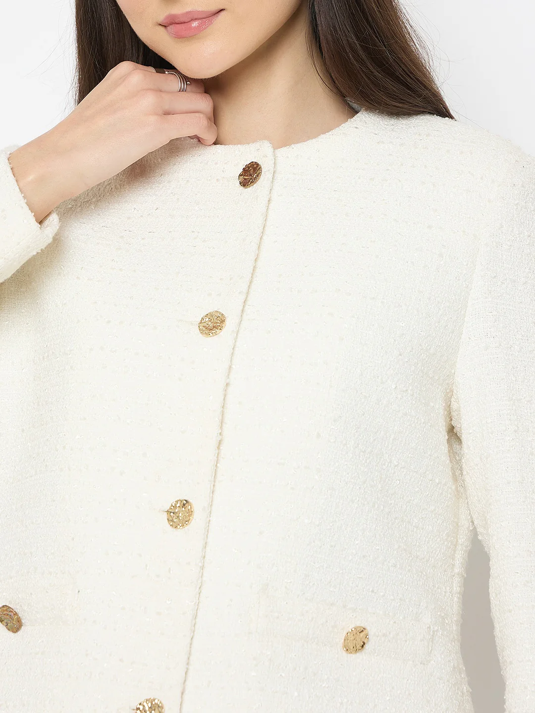 Madame Round Neck Off White Tweed Coat - Image 7