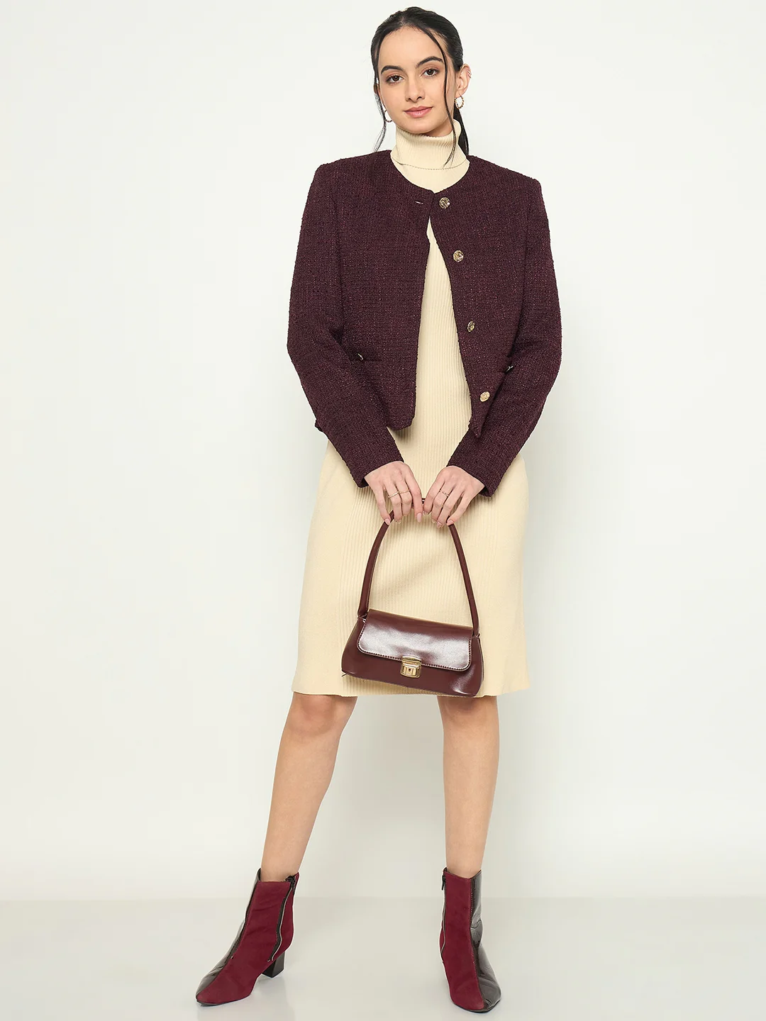 Madame Round Neck Textured Plum Colour Short Coat - Image 3