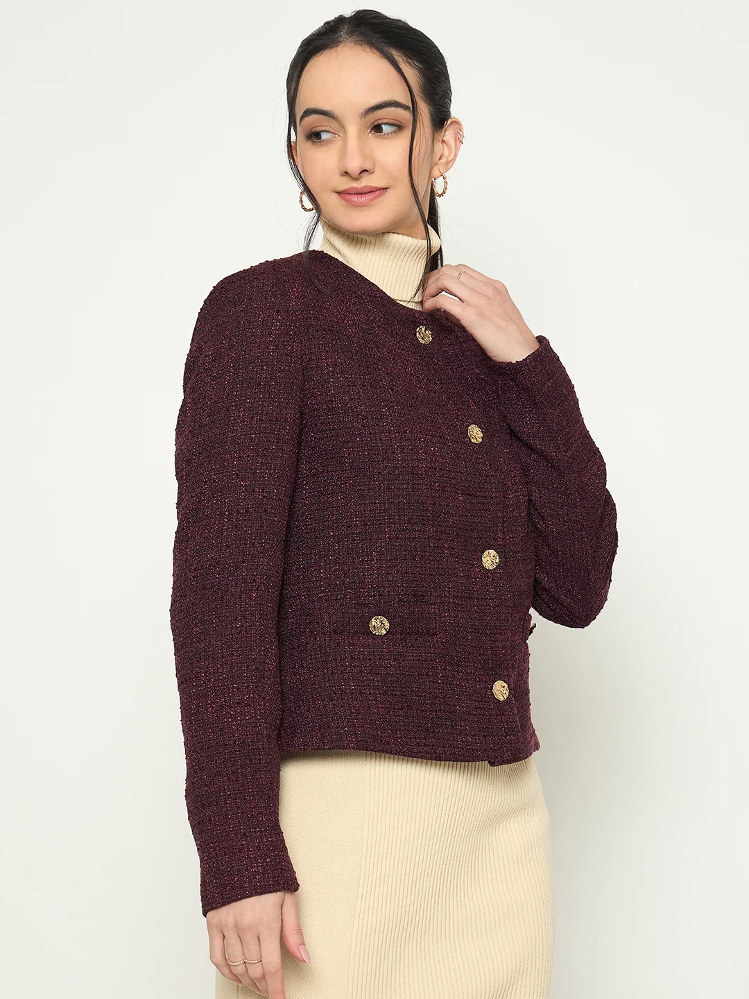 Madame Round Neck Textured Plum Colour Short Coat - Image 4