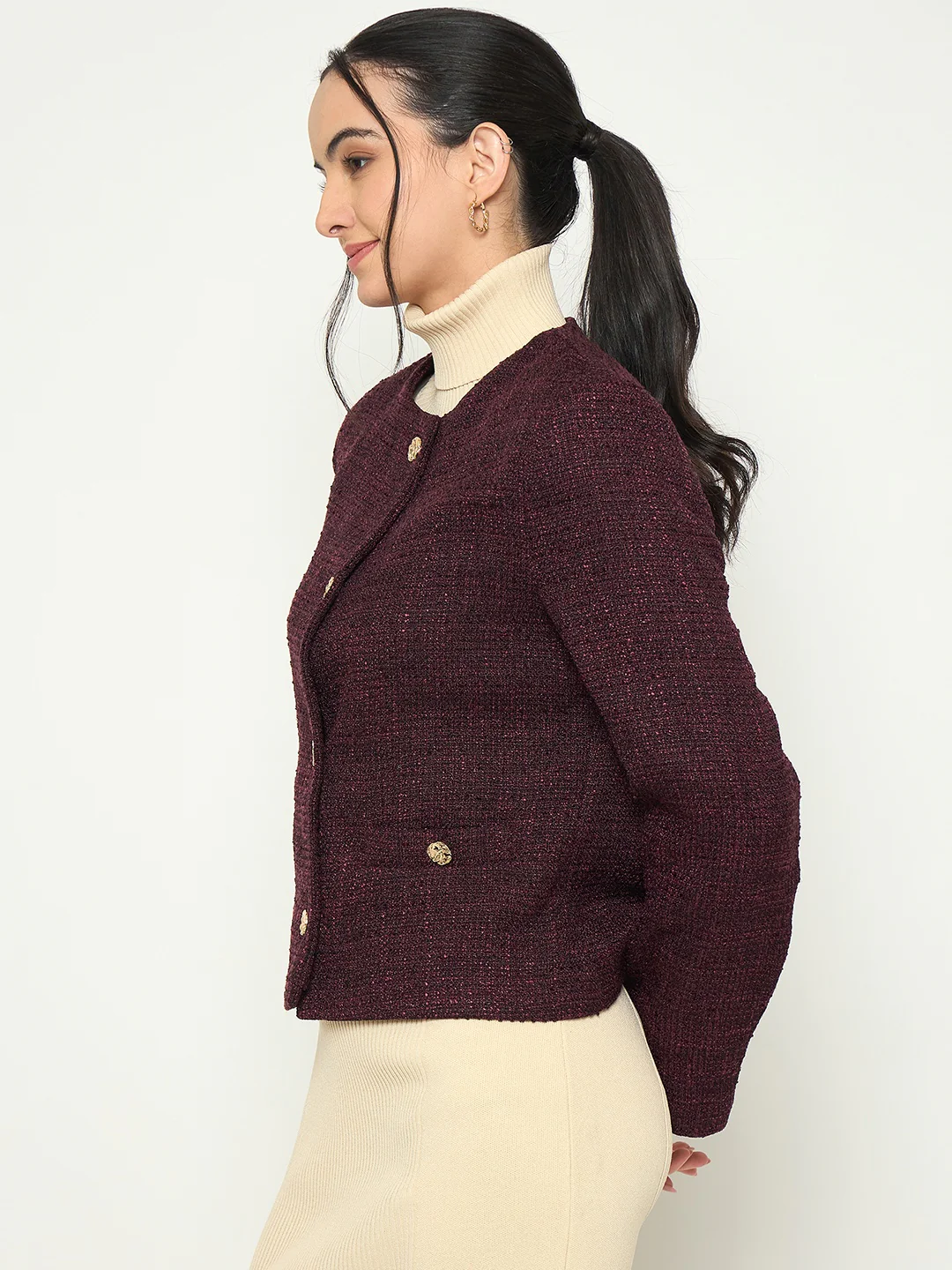 Madame Round Neck Textured Plum Colour Short Coat - Image 5