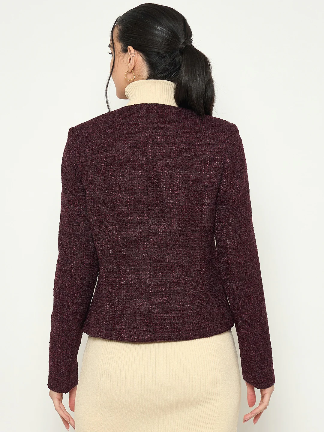Madame Round Neck Textured Plum Colour Short Coat - Image 6