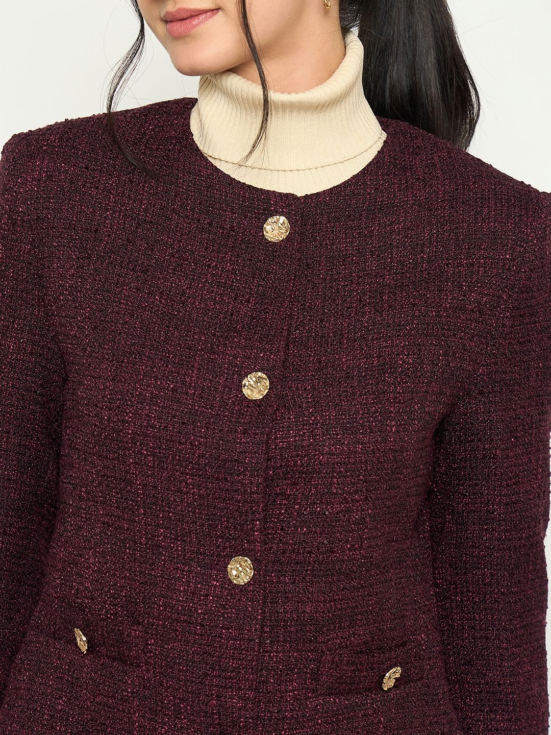 Madame Round Neck Textured Plum Colour Short Coat - Image 7