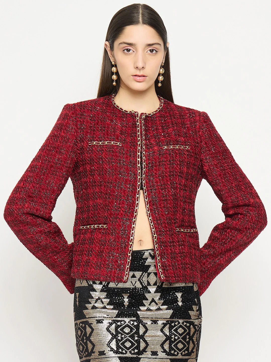 Madame Round Neck Embellished Maroon Tweed Coat - Image 2