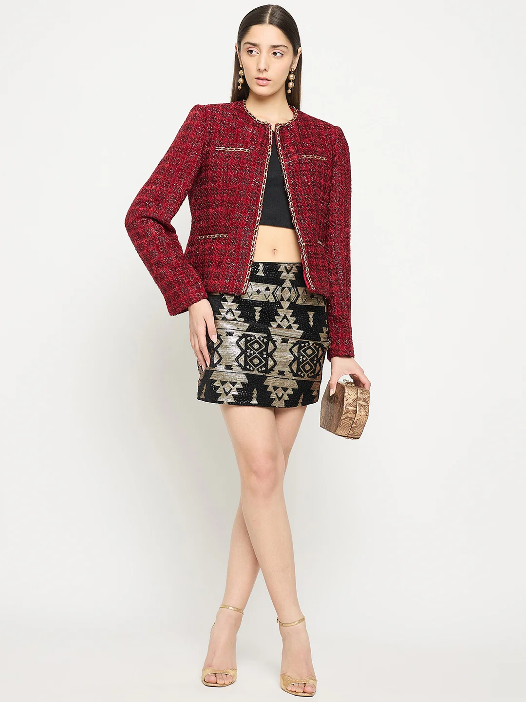 Madame Round Neck Embellished Maroon Tweed Coat - Image 3