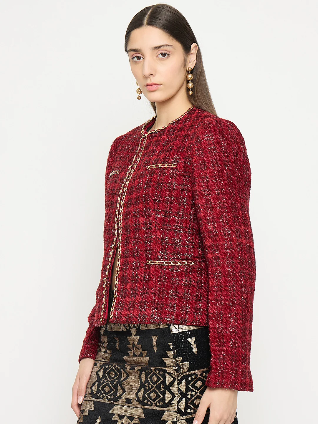 Madame Round Neck Embellished Maroon Tweed Coat - Image 4