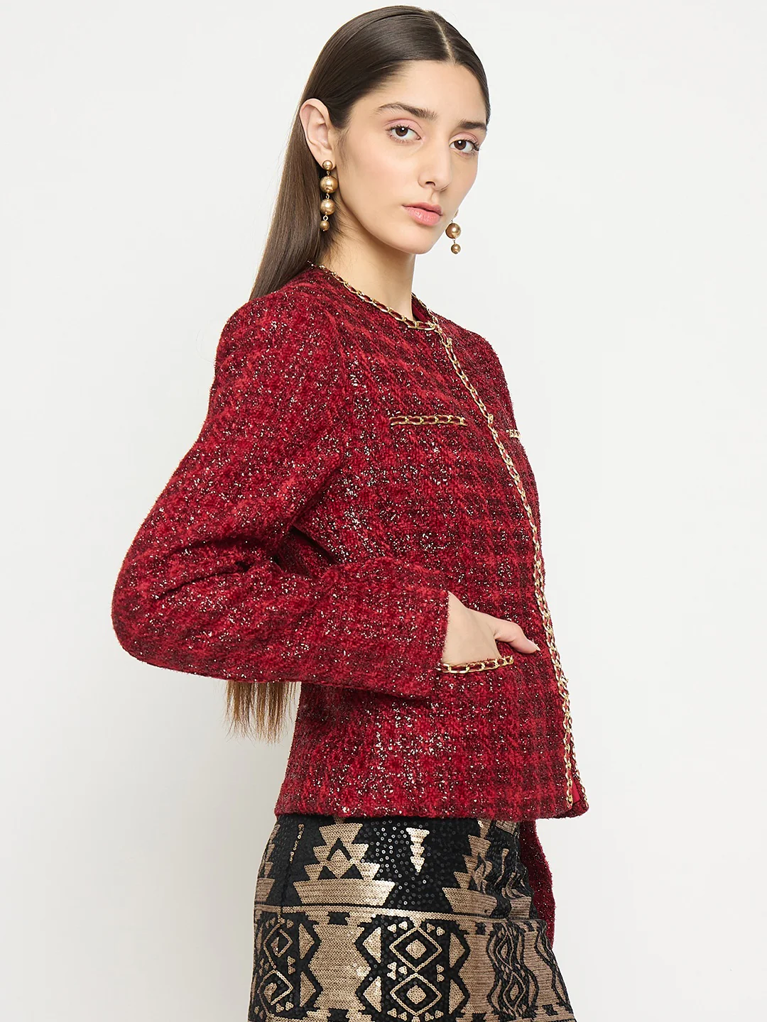 Madame Round Neck Embellished Maroon Tweed Coat - Image 5