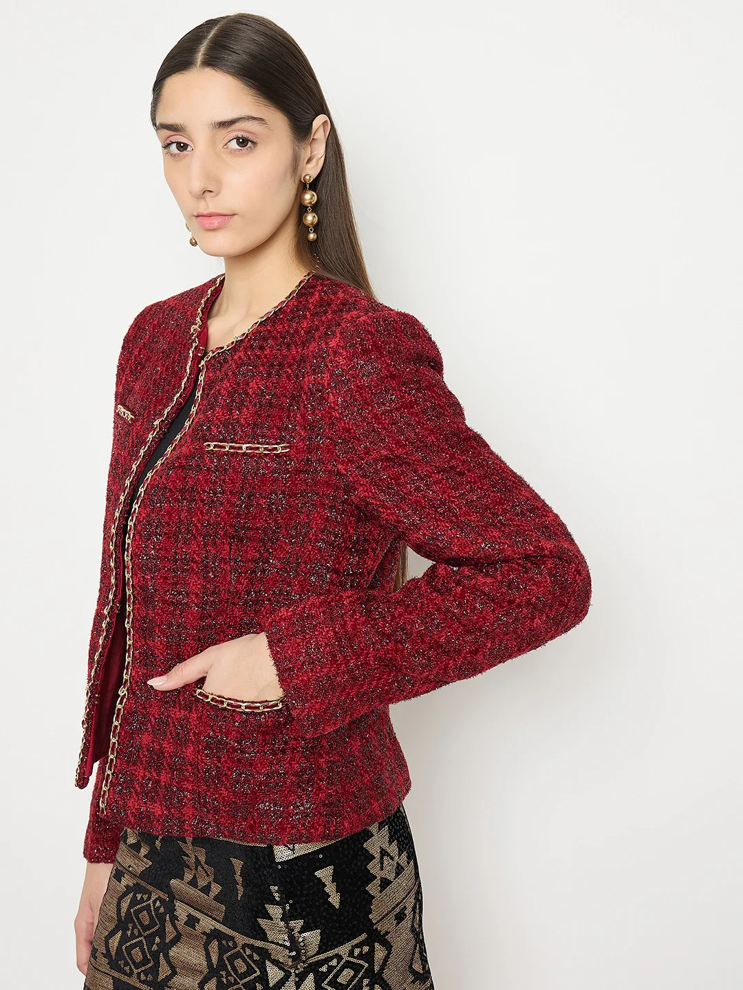 Madame Round Neck Embellished Maroon Tweed Coat - Image 6
