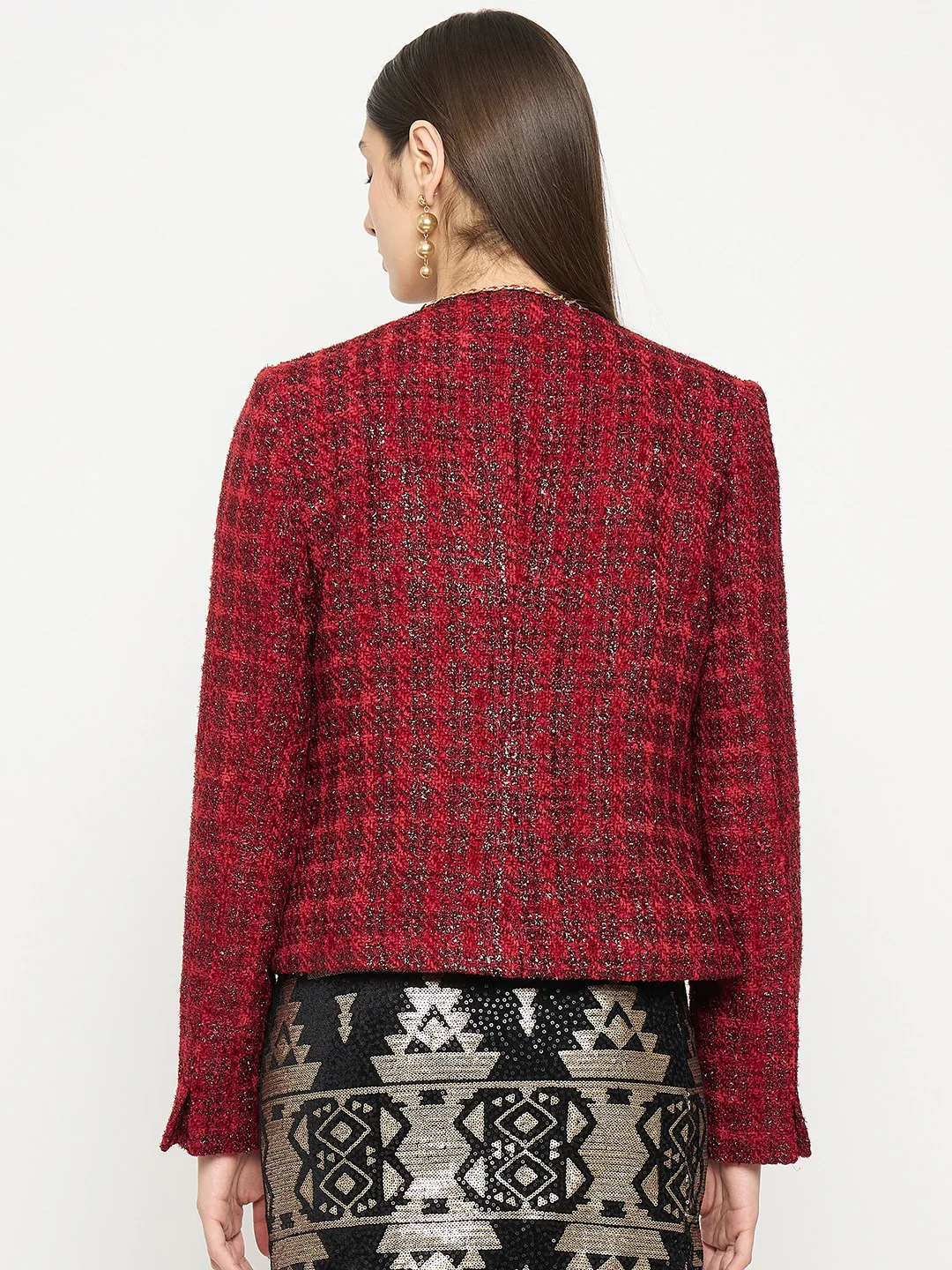 Madame Round Neck Embellished Maroon Tweed Coat - Image 7