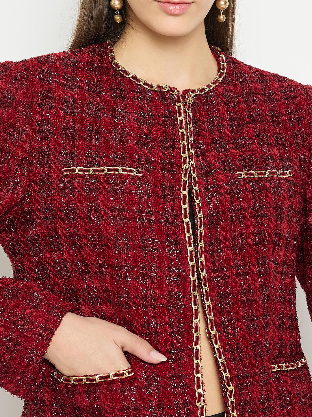 Madame Round Neck Embellished Maroon Tweed Coat - Image 8