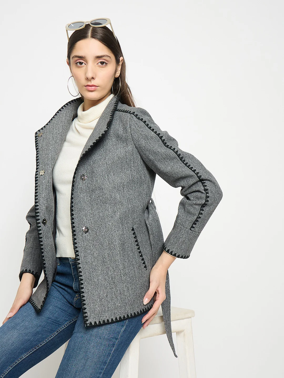 Madame Wrap Style Belted Grey Coat - Image 3