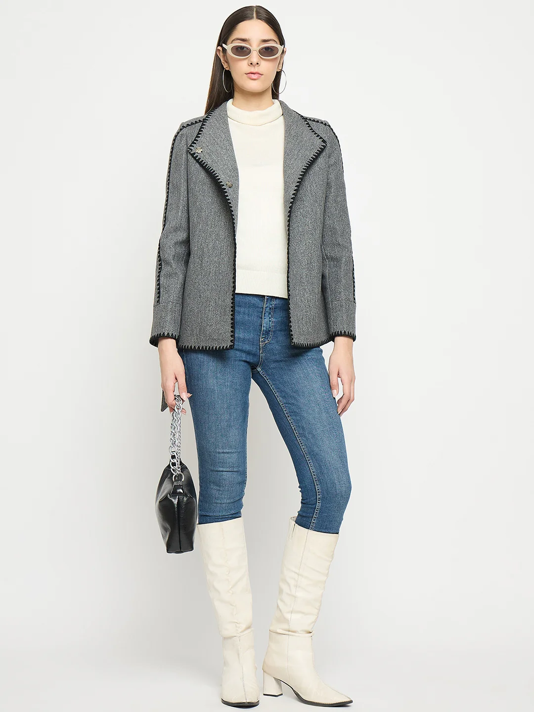 Madame Wrap Style Belted Grey Coat - Image 4