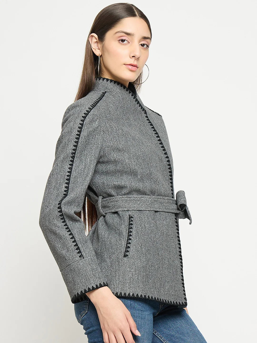 Madame Wrap Style Belted Grey Coat - Image 5
