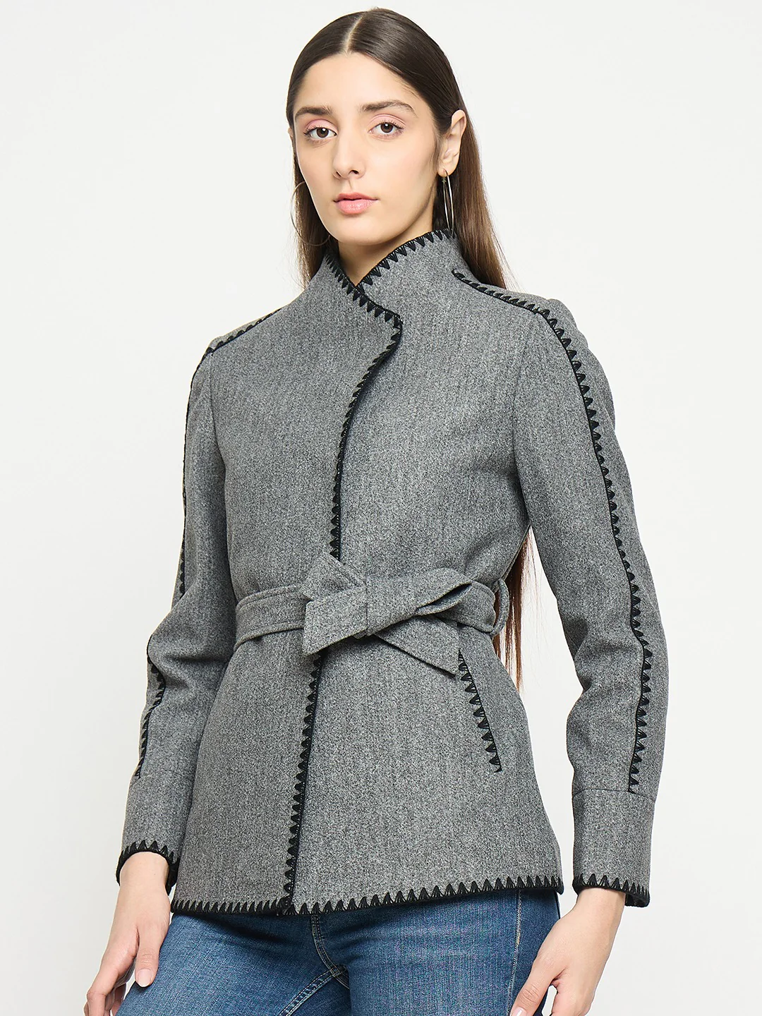 Madame Wrap Style Belted Grey Coat - Image 6